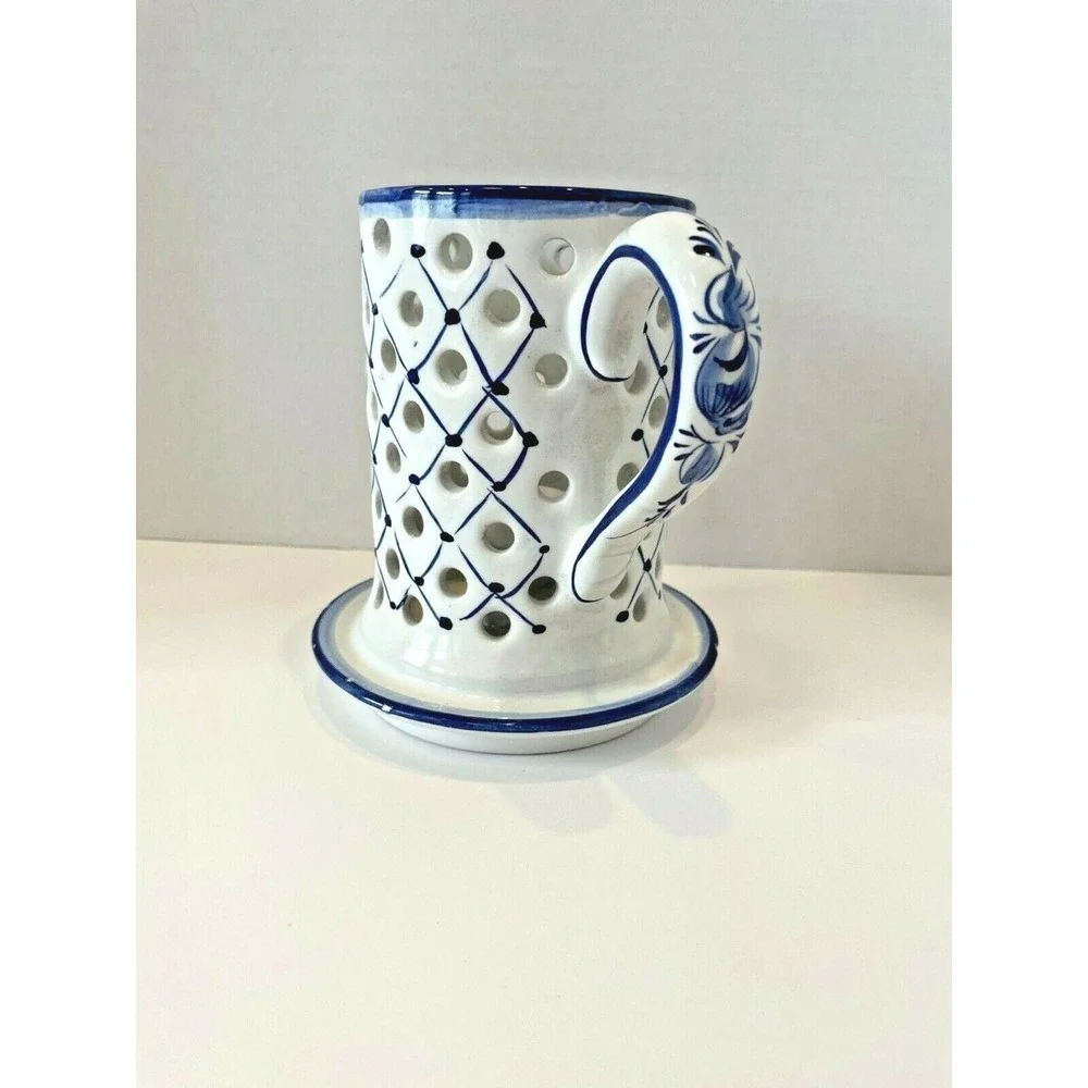 Portugal Hand Made/ Hand Painted Blue White Pierced Lattice Candle Holder